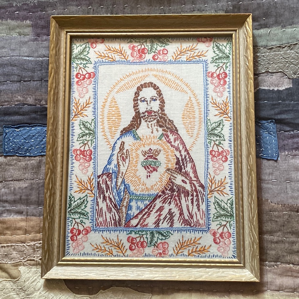 Vintage Framed Hand Embroidered Linen Sacred Heart Jesus
